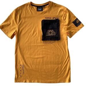 TIME STACE Men's Yellow Graphic T-Shirt L Time Space Theme Mesh Pocket